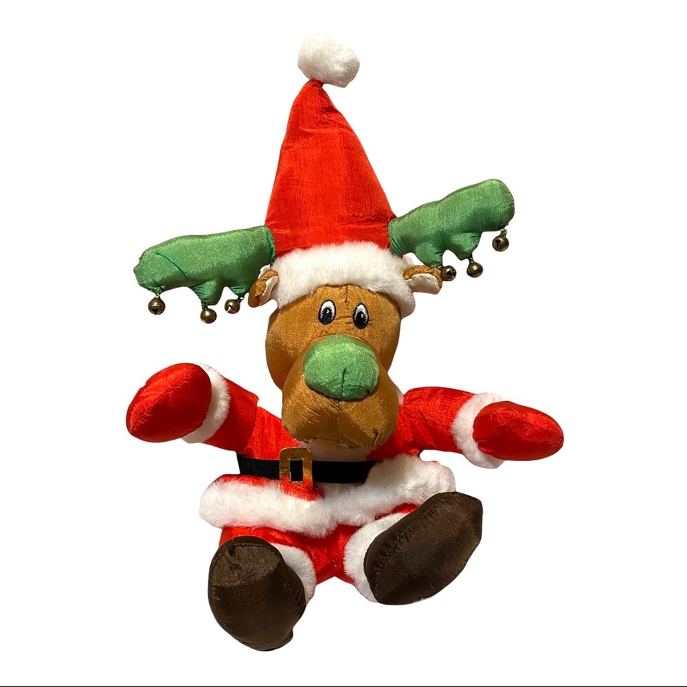Vintage Santa Reindeer Nylon Stuffed Plush Jingle Bell Antlers